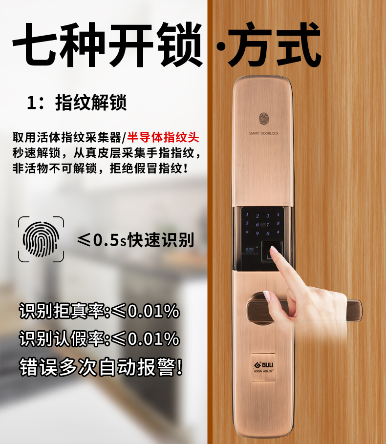 GULI 固力防盗门用智能指纹密码锁 带APP和遥控开锁